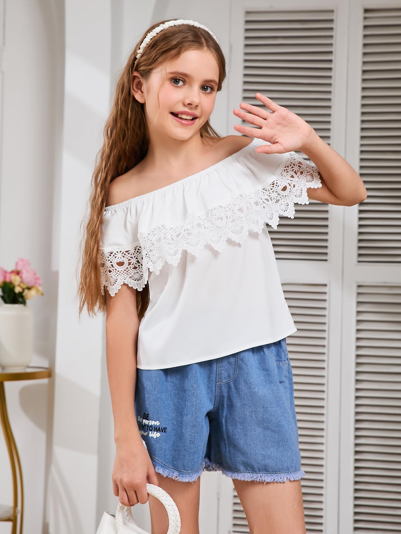 WDIRARA Girl's Off The Shoulder Ruffle Trim Lace Short Sleeve Blouse Top White 11-12Y