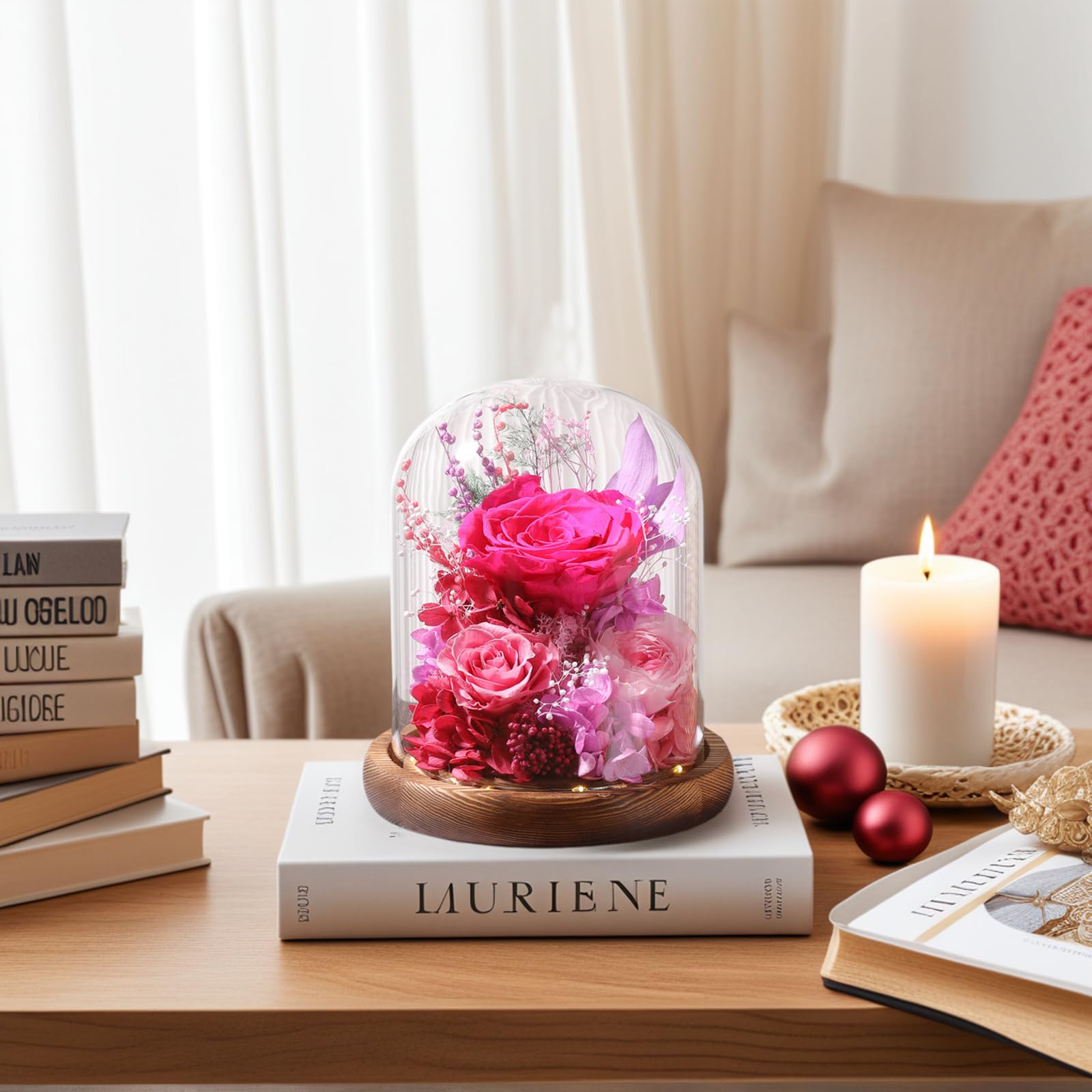 LOVENFOLD Flowers for Delivery Preserved Flowers with LED Light in a Glass Dome,Long Lasting Forever Roses Birthday Gifts for Women Daughter Mom Wife Friend（Reddish Rose）
