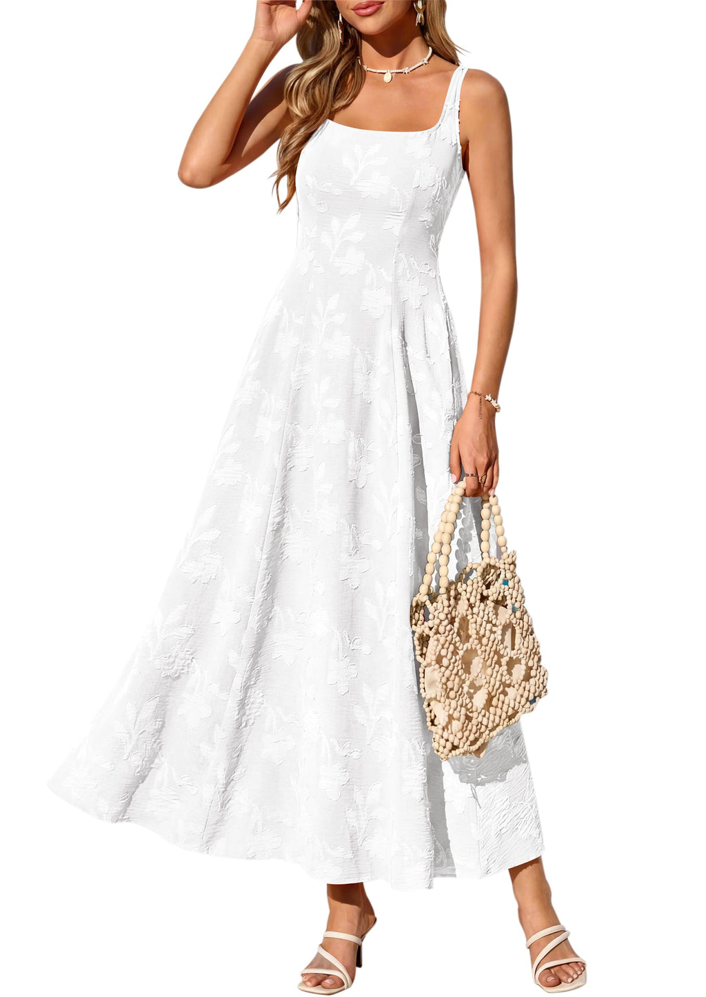 PRETTYGARDEN Womens Summer Maxi Dresses 2026 Casual Sleeveless Square Neck Formal Wedding Guest Beach Vacation Boho Dress (White,L)
