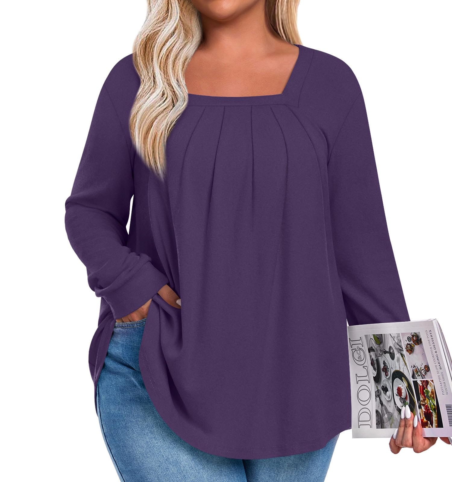 Anymeet Plus Size Tops for Women Fall Long Sleeve 2025 Winter Shirt for Leggings Purple XXXXL