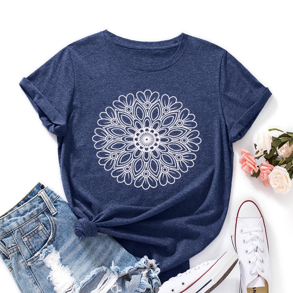 Women's Floral Tee Wildflower Graphic T Shirt Vintage Daisy Tops Short Sleeve Casual Holiday Camping Hiking Adventure Yoga Workout Shirts, Dark Blue XX-Large