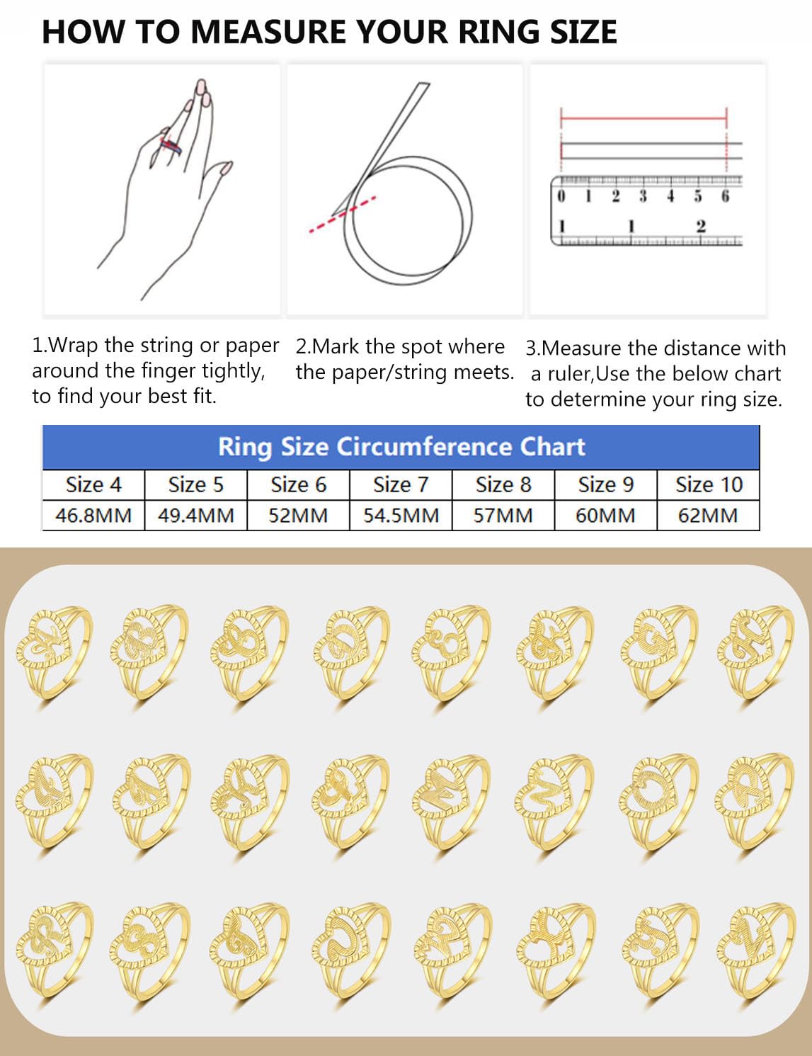 RLMOON Gold Initial Rings for Women Non Tarnish 14K Gold Plated Vintage Heart Love Rings Personalized Carved Letter A Statement Stackable Rings Size 7 Jewelry Gifts