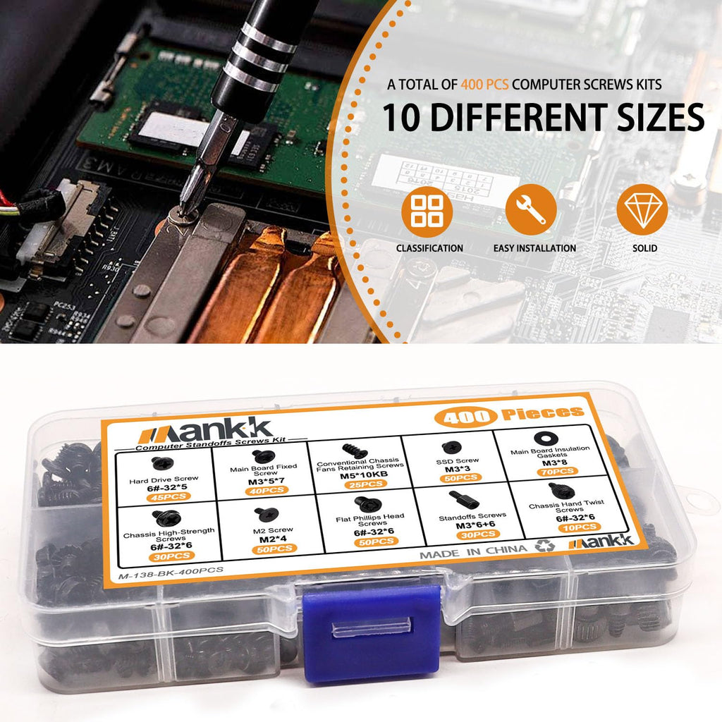 mankk 400PCS Computer Screws Motherboard Standoffs, PC Case, Fan, SSD, CD-ROM Screws for DIY PC Installation and Repair