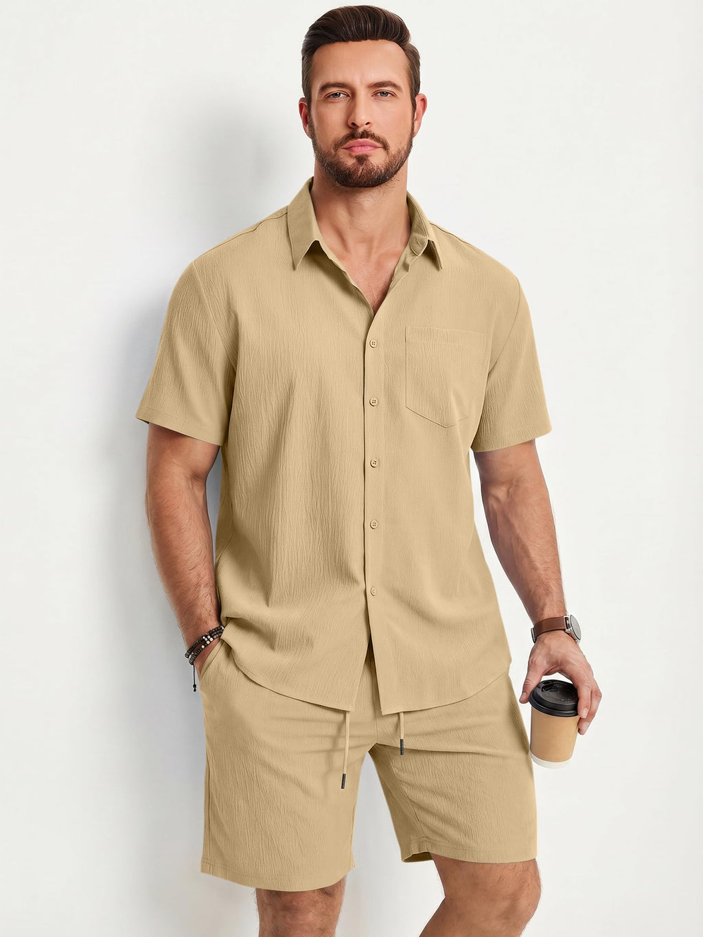 JMIERR 2 Piece Set for Men Beach Sets 2026 Linen Drawstring Summer Vacation Old Money Cruise Texture Outfits, S, Khaki