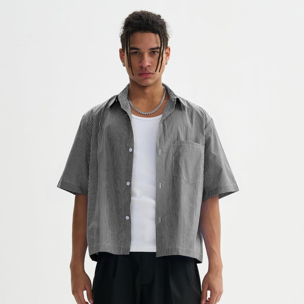 QJT Men's Striped Boxy Cropped Shirts Short Sleeve Button Down Tee Shirt Oversized Baggy Blue T Shirts For Men (US, Alpha, Large, Regular, Regular, Black)