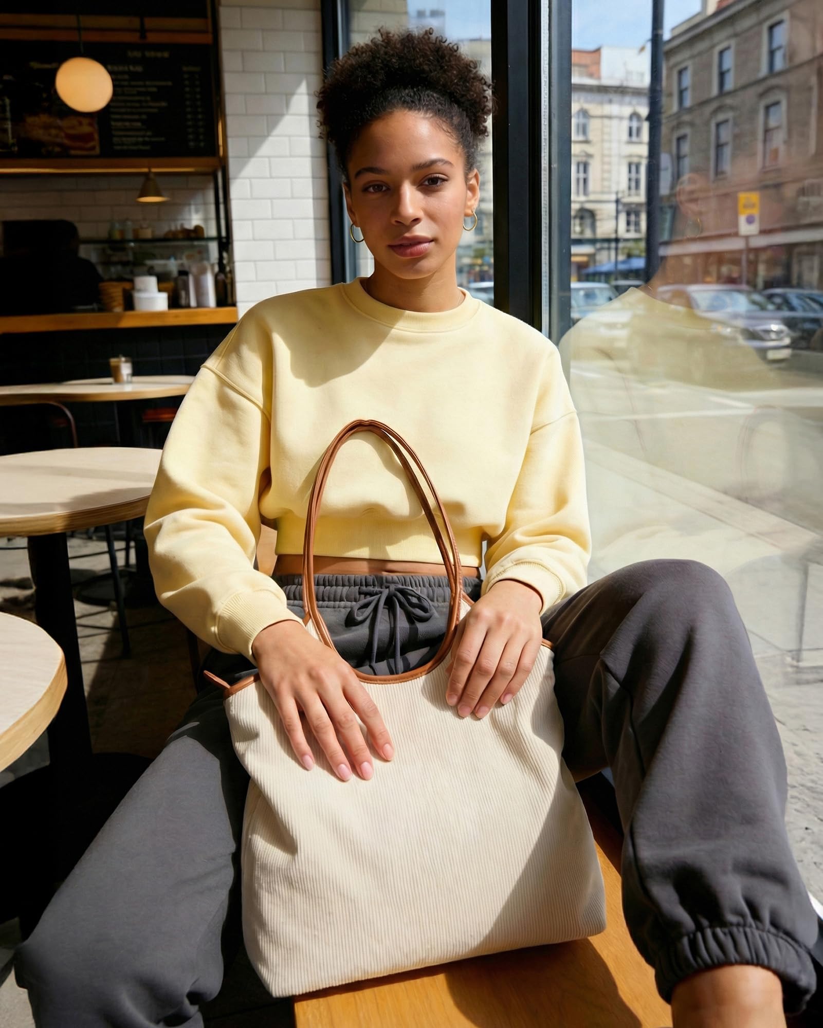 BAGSMRT Corduroy Tote Bag for Women Beach Bag with Zipper Casual Shoulder Bag Lightweight Travel Tote Hobo Handbag Light Beige