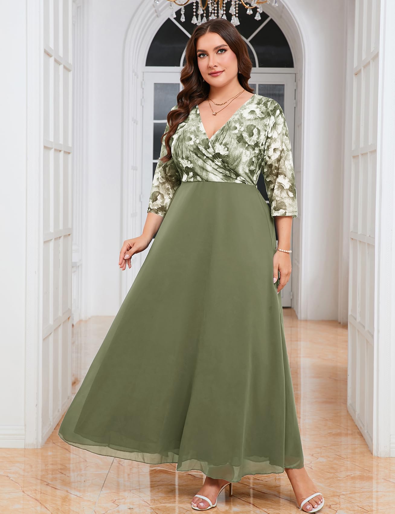 ZOMVA Plus Size Maxi Formal Dress Lace Chiffon Floral V-Neck Wrap Wedding Guest Evening Gown Cocktail Prom 3/4 Sleeves, Light Green Floral, 3X
