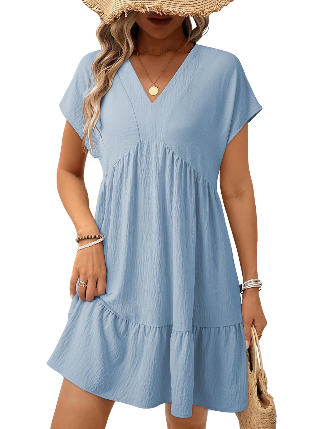 Acelitt Women's Summer Dresses 2026 Beach Casual Deep V Neck Loose Sundress Short Sleeve Mini Dress with Pockets Beach Outfits Blue Medium