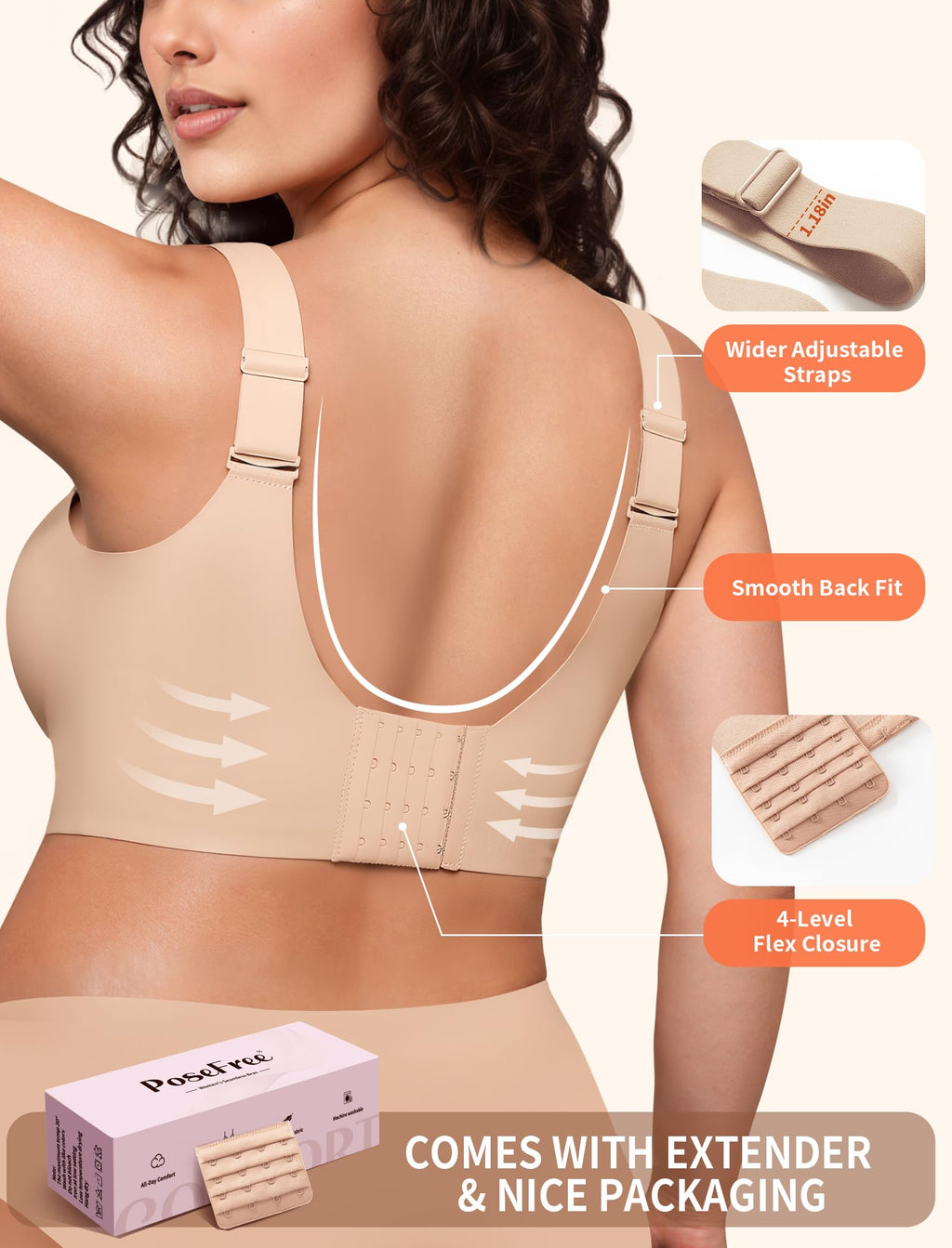 PoseFree Womens Bras No Underwire Full Support Back Fat Smoothing Bralette Wireless Push Up Plus Size Sports Bra (Nude,L)