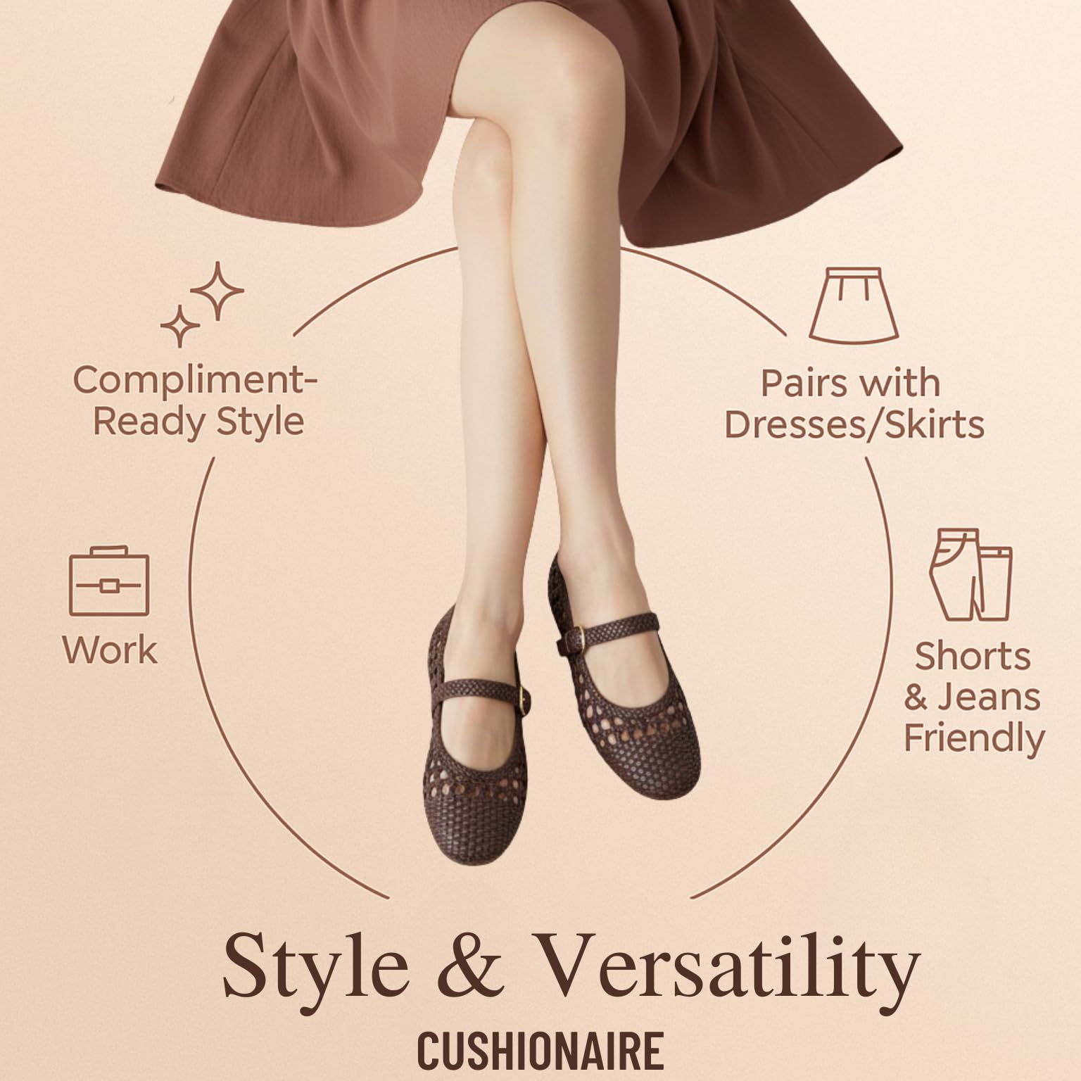 CUSHIONAIRE Windsor Woven Womens Flats with Adjustable Strap – Comfortable Mary Jane Ballet Flats for Women, Brown 10W