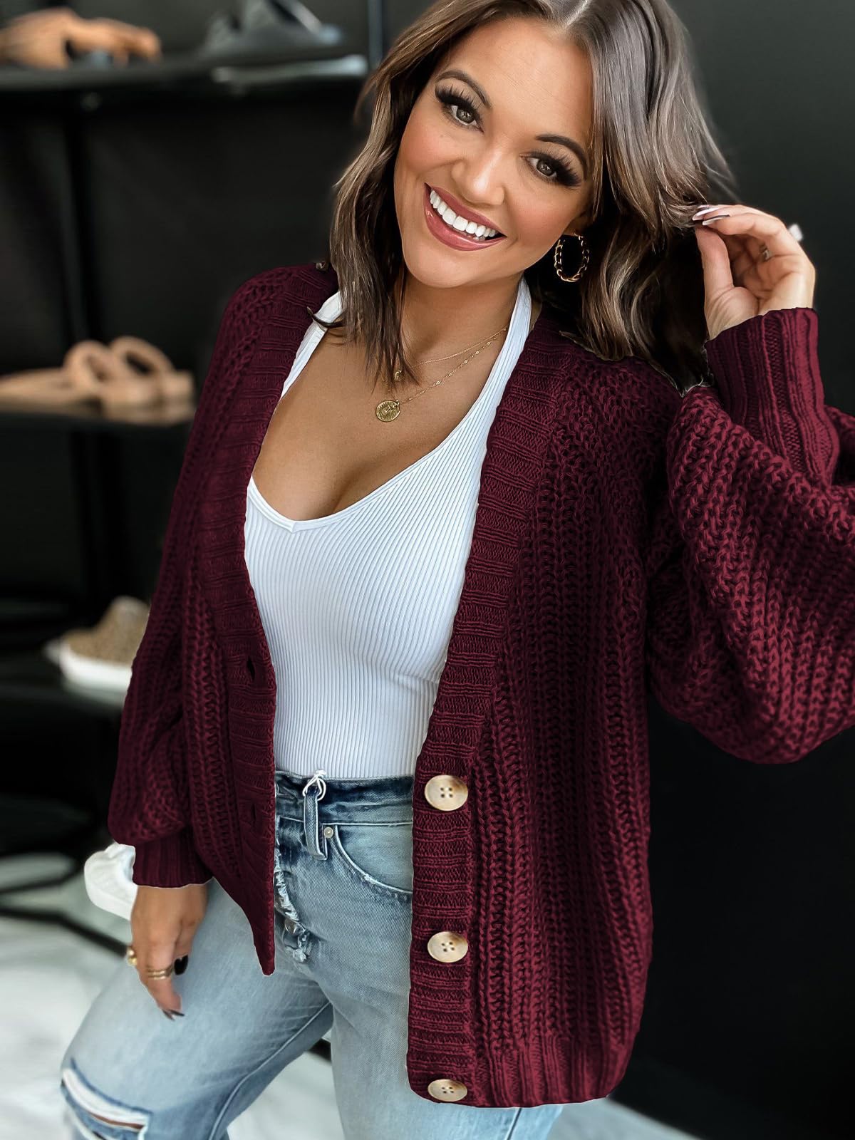 PRETTYGARDEN Women's Long Sleeve Plain Button Down Sweater Classic V-Neck Knit Cardigan Open Loose Outwear Coats (Wine Red,Small)