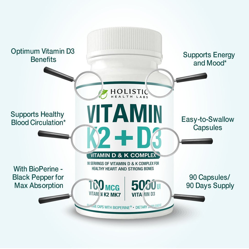 Max Absorption Vitamin K2 + D3 (5000IU) 90 Veggie Capsules From MK-7 (Menaquinone-7) and Cholecalciferol (With BioPerine) 3-Months Supply – D3 with K2 For Healthy Heart and Strong Bones | Non-GMO