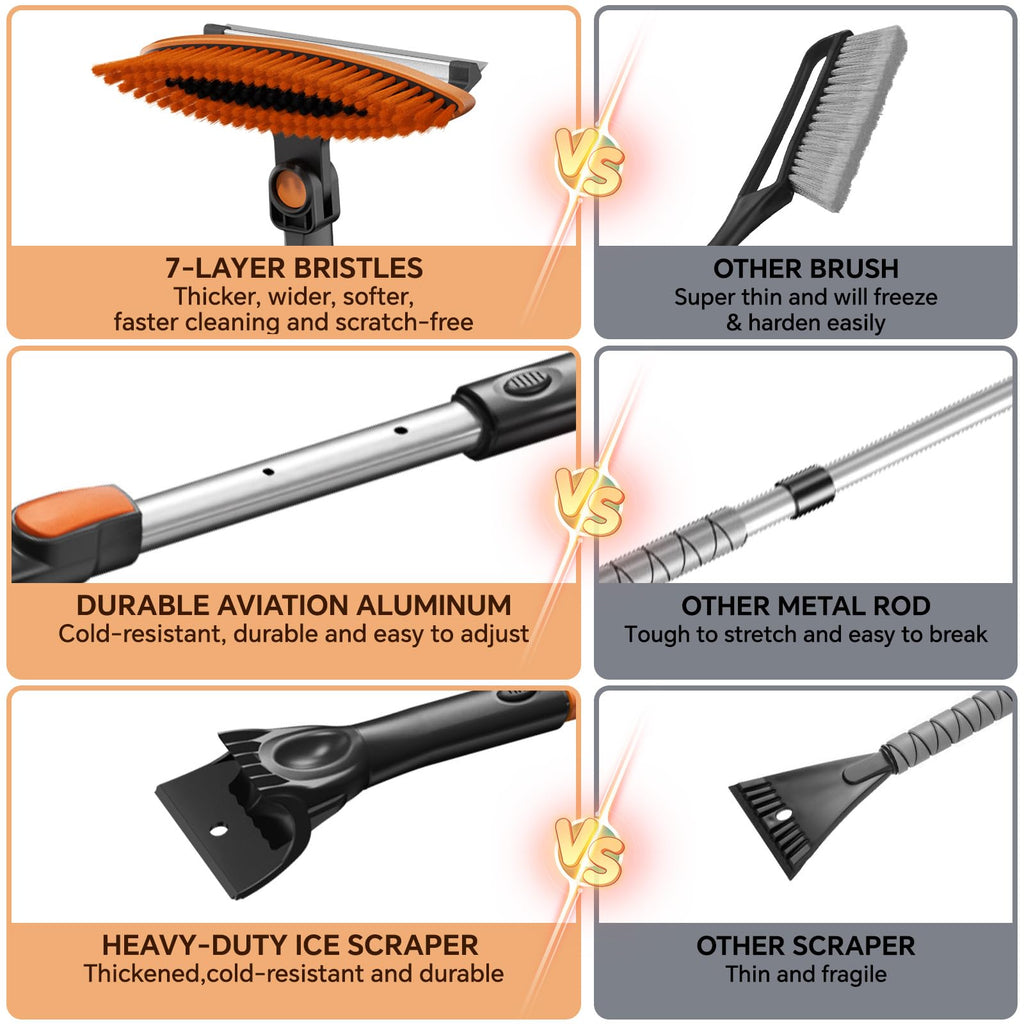 4-In-1 Snow Brush and Ice Scrapers for Car Windshield 55'' Extendable Snow Shovel Snow Broom Kit with Squeegee, Foam Grip 180°Pivoting Thicken Brush Head Portable Snow Scraper for Car, Trucks, SUV