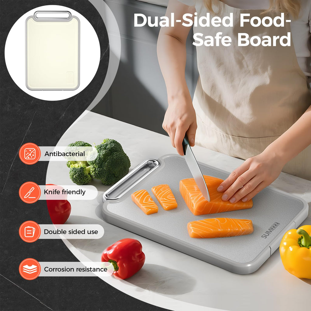Sumzzz Stainless Steel Cutting Board for Kitchen, 2-in-1 Double-Sided Chopping Board, Food Grade Stainless Steel/PP, Easy to Clean, Large Size, Non-Slip, 16”×11”