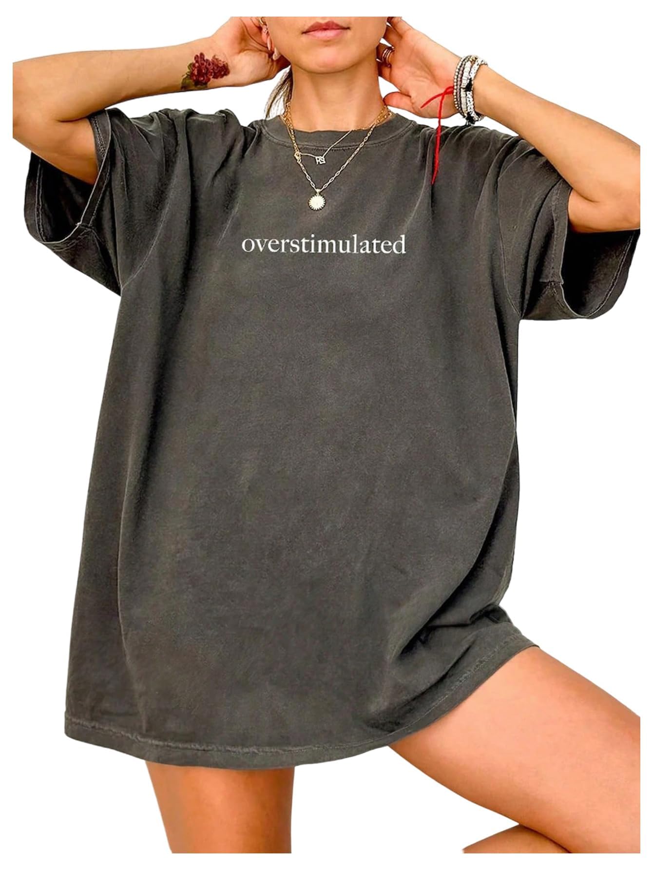 SOLY HUX Women's Letter Print Graphic Tees Crew Neck Short Sleeve Oversized T Shirt Vintage Summer Tops Dark Grey Letter Large
