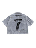 GORGLITTER Men's Letter Graphic Striped Cropped Button Down Shirts Ripped Short Sleeve Y2k Tops Casual Streetwear White and Grey Small