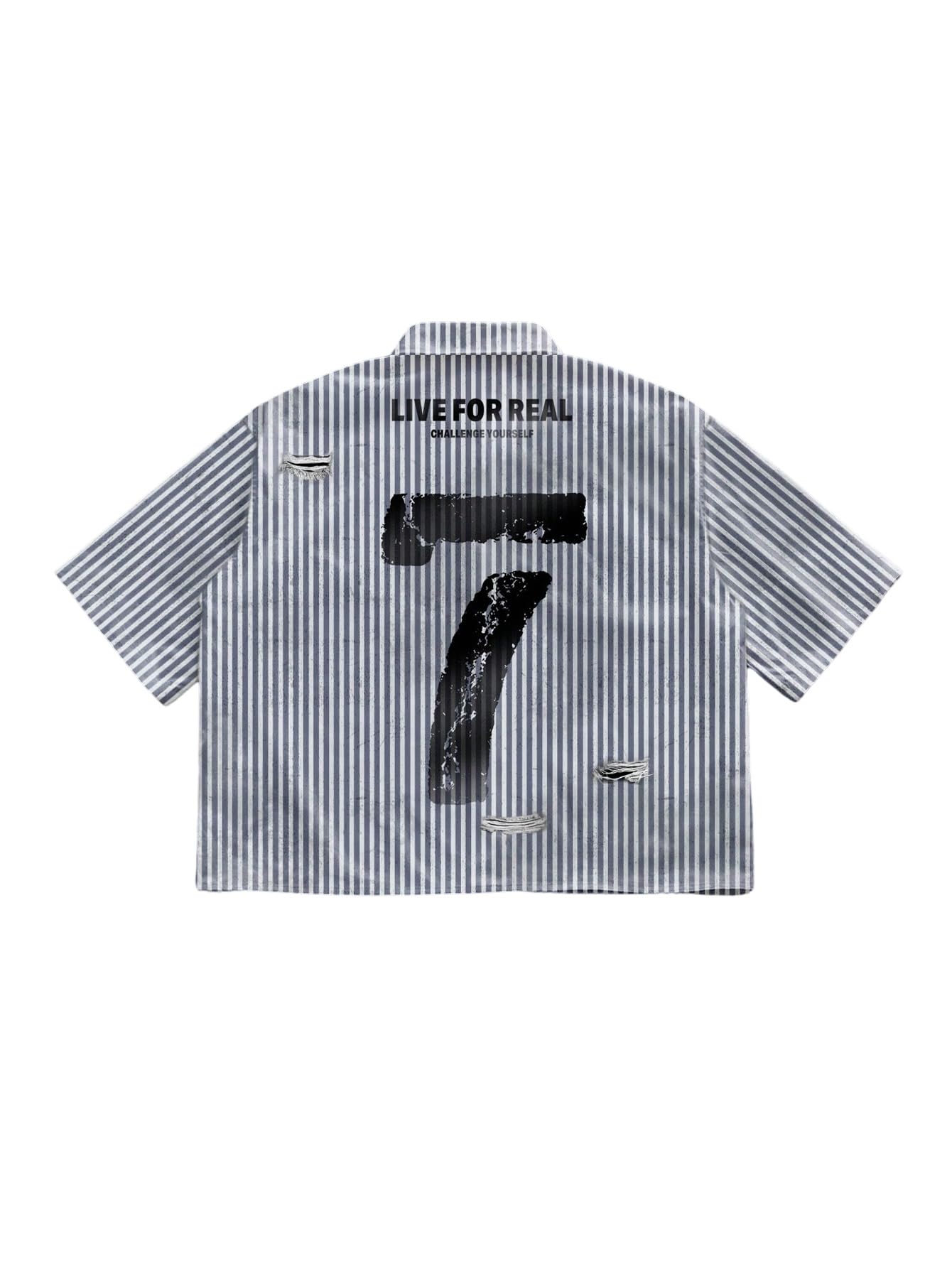 GORGLITTER Men's Letter Graphic Striped Cropped Button Down Shirts Ripped Short Sleeve Y2k Tops Casual Streetwear White and Grey Small