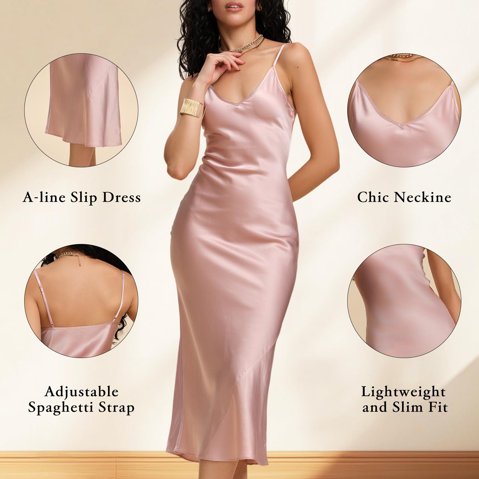 MOLISILK Pure Mulberry Silk Dress for Women Summer Slip Long Dress A Line Sleeveless Cocktail Guest Party V-Neck Sexy Dresses Formal Elegant Evening Spaghetti Strap Nightgown,Pink,XS