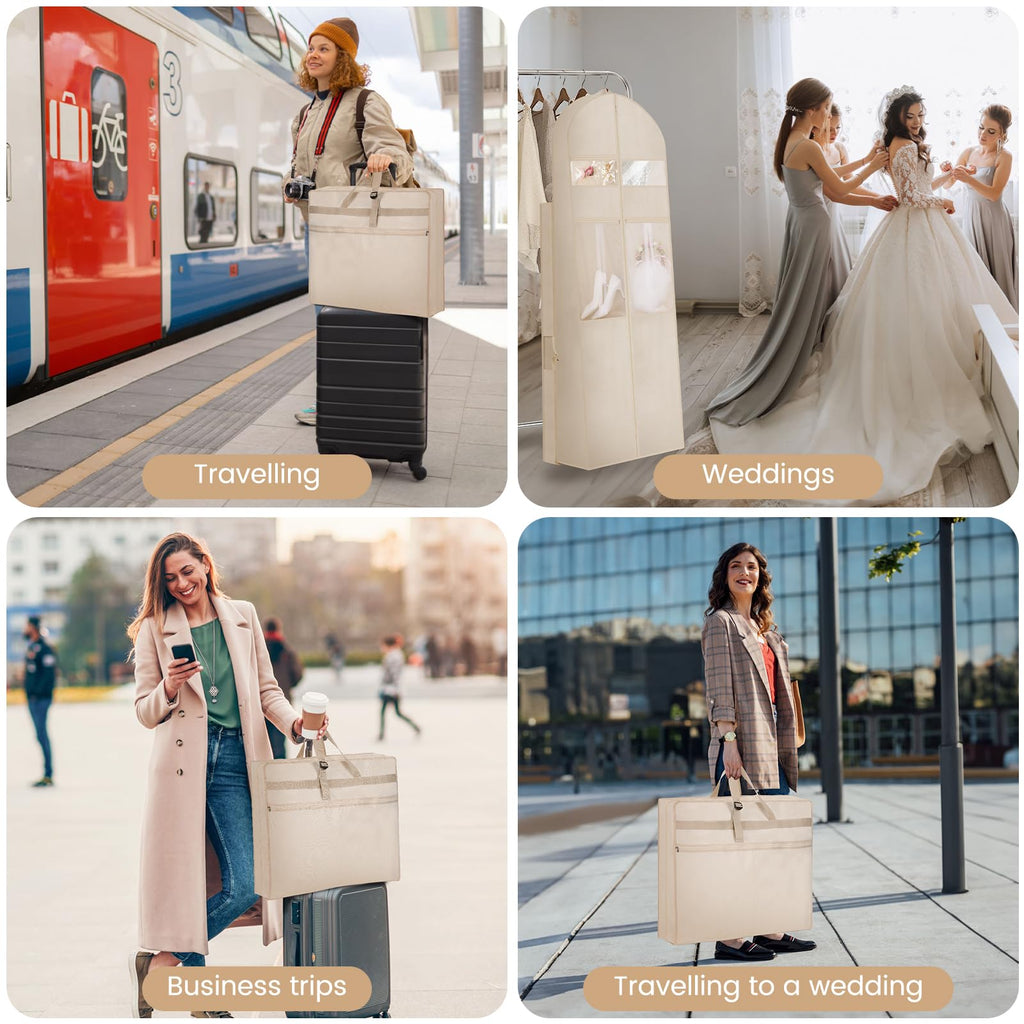 TANGKA Wedding Dress Garment Bag,72’ Tri-Fold Bridal Gown Bag with 6 Pouches and Adjustable Buckle Gown Cover for Wedding/Prom/Travel/Closet Storage (Beige)