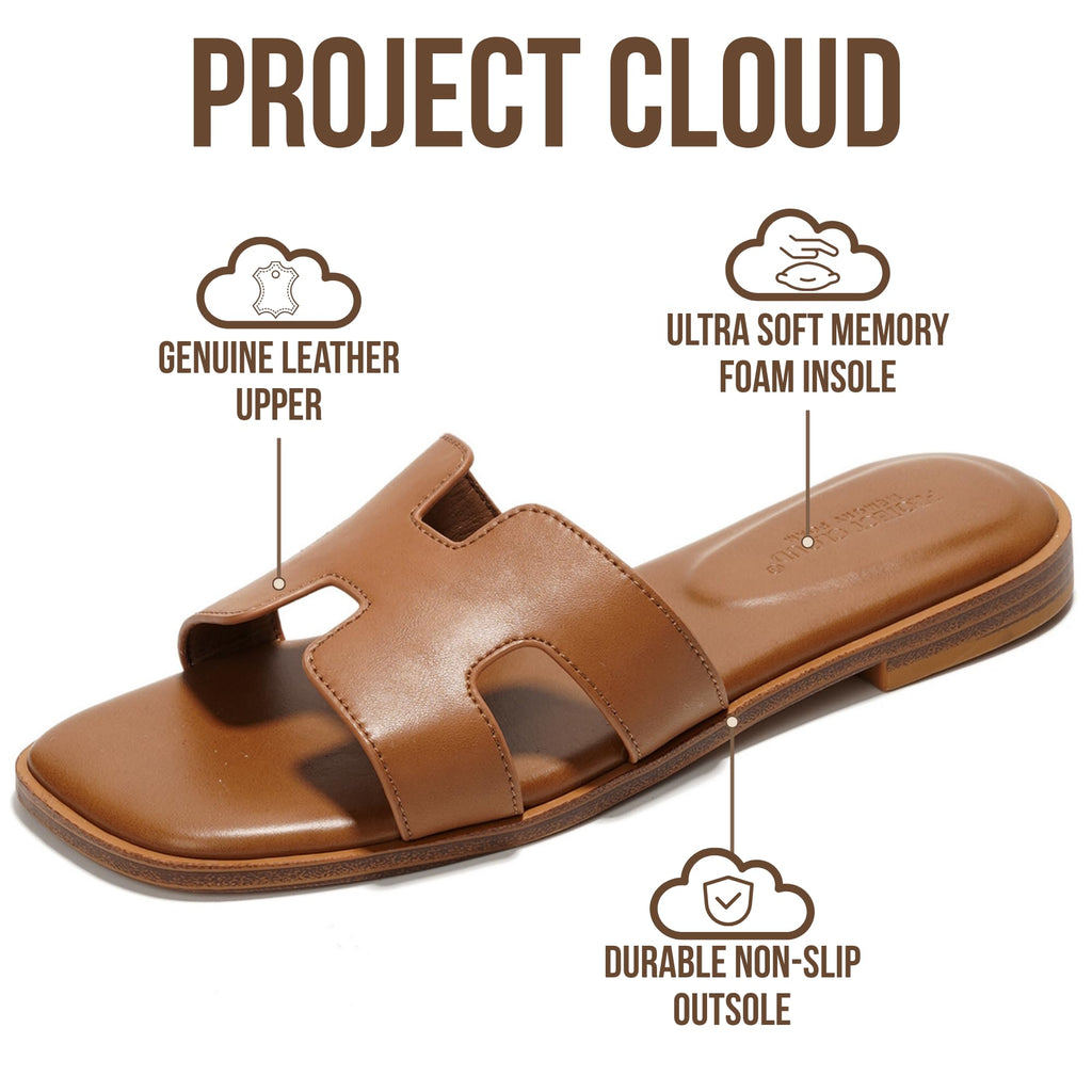 Project Cloud 100% Genuine Leather Sandals for Women 2026 - Fashion Flat Womens Sandals with Memory Foam Insole Slides Sandals Women Footwear - Mules Women's Sandals (Jannel,Cogn, 11)