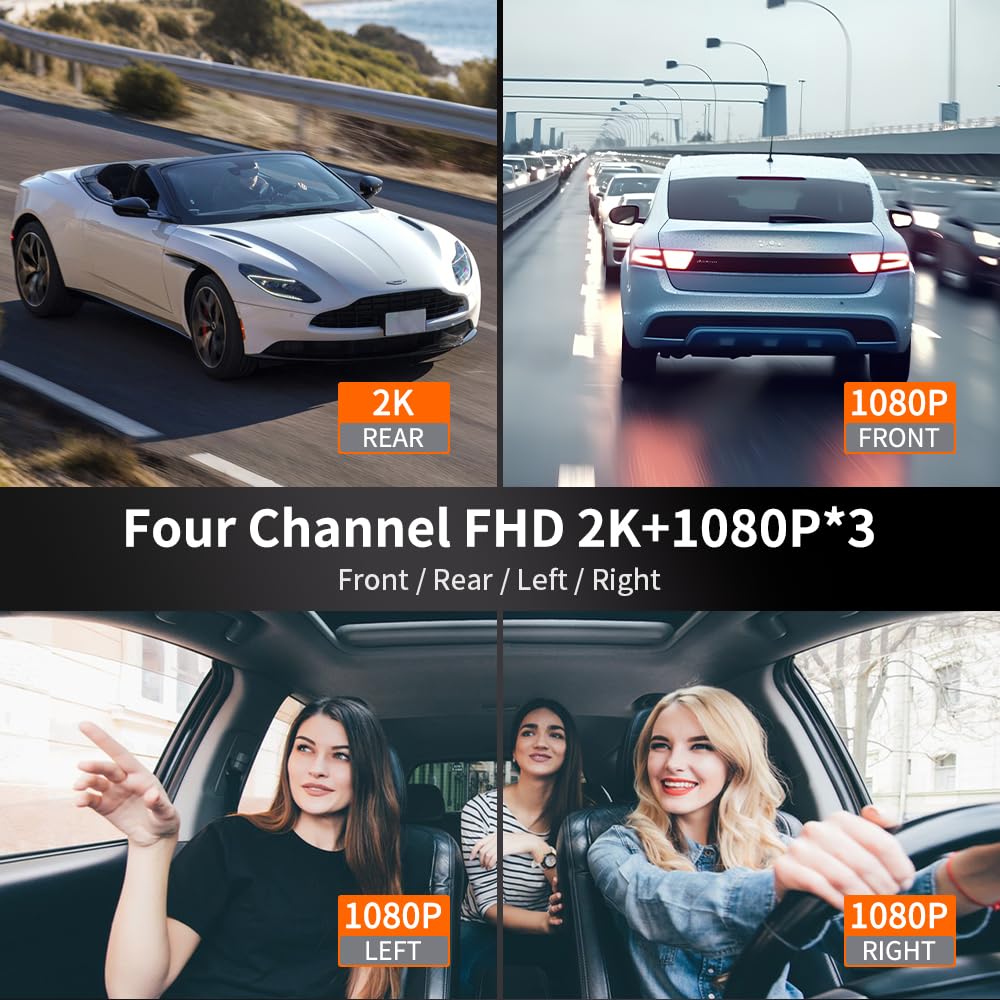 360° Dash Cam Front and Rear View 4 Channel Dash Camera FHD 2K+1080Px3 for Car, Inside/Back 170°+2x150°+170° Wide Angle, 8 IR Lamps Night Vision,WiFi,GPS, APP,G-Sensor with 64GB Card,24/7 Parking Mode