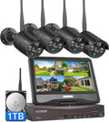 Hiseeu [16CH Expandable] 2.4G/5G Wireless Pro Security Camera System, 10.1" LCD 8MP Monitor, Wired Plug-in Powered 4Pcs 5MP Outdoor Indoor Cameras, One-Way Audio, Waterproof, Motion Detection, 1TB HDD