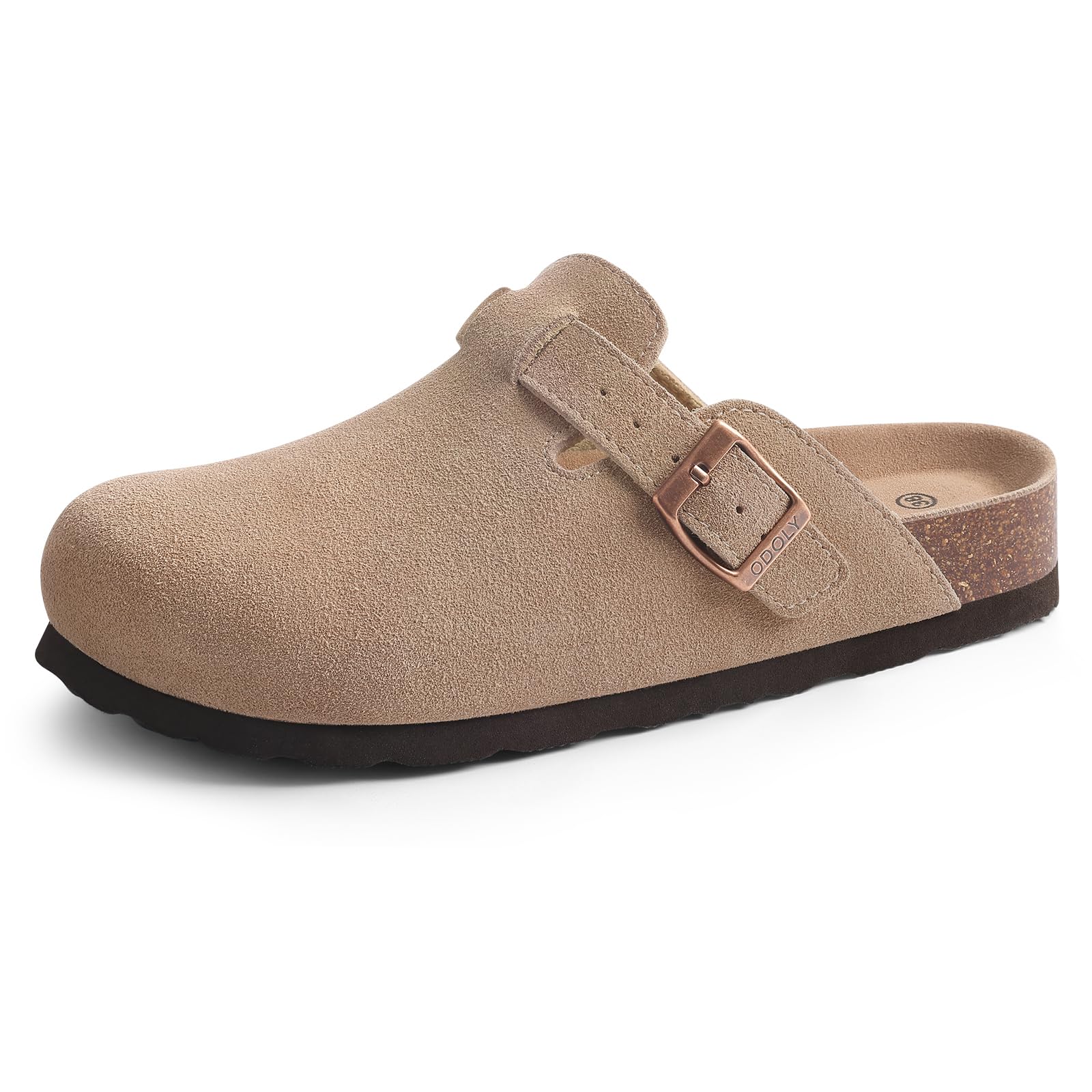 ODOLY Genuine Suede Clogs for Women Men Soft Cork Footbed Leather Mules Comfort Potato Shoes with Arch Support, Taupe 39