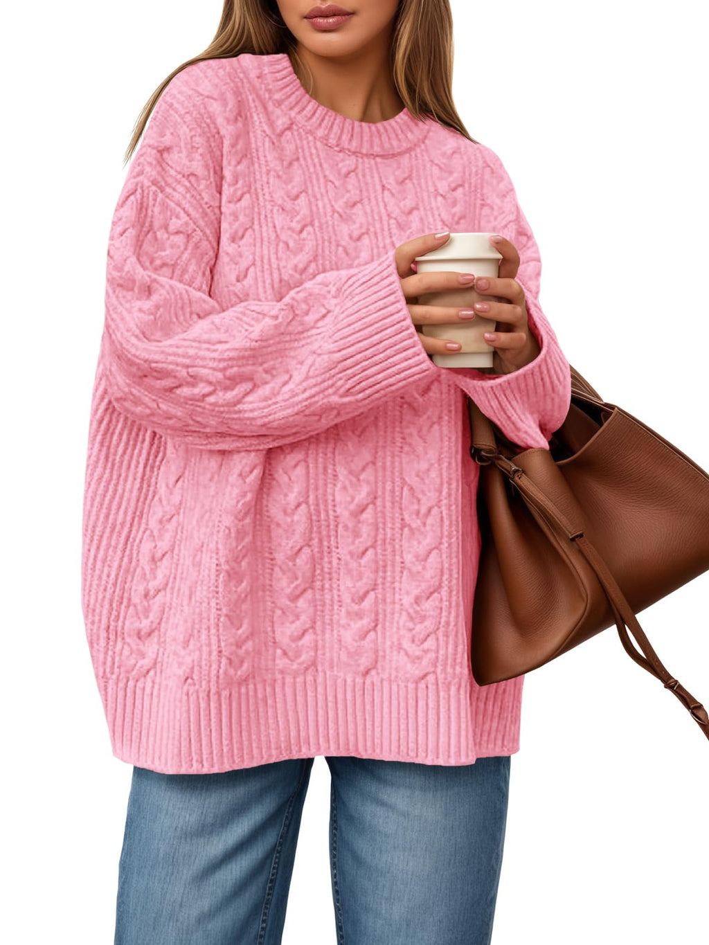 Saodimallsu Womens Cable Knit Sweater Oversized Long Sleeve Chunky Knit Crew Neck Fall Pullover Sweaters Top Pink