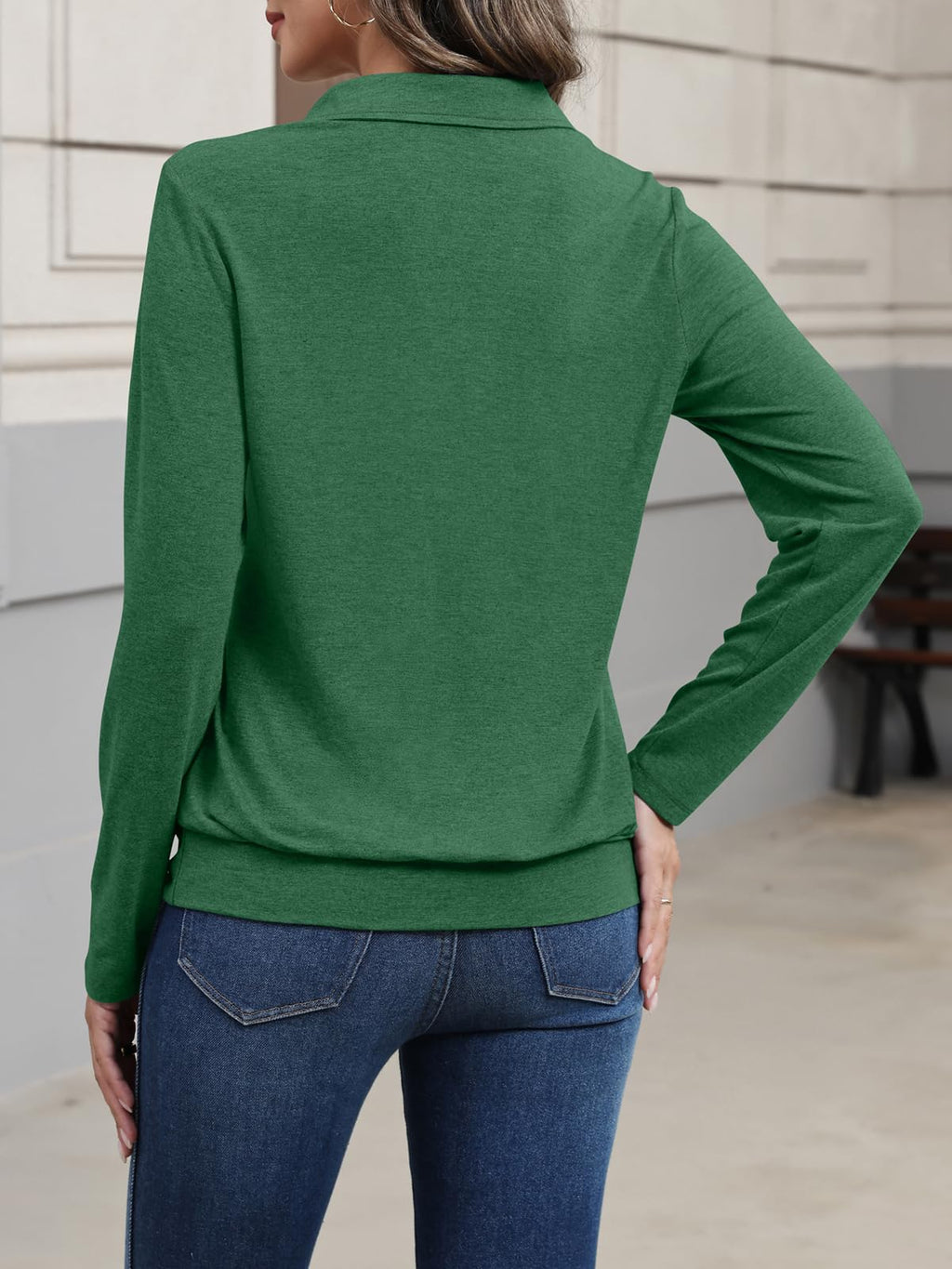 TICTICMISS Womens Polo Shirts Long Sleeve Banded Bottom Tops Business Casual Tops Collared V Neck Blouses Green