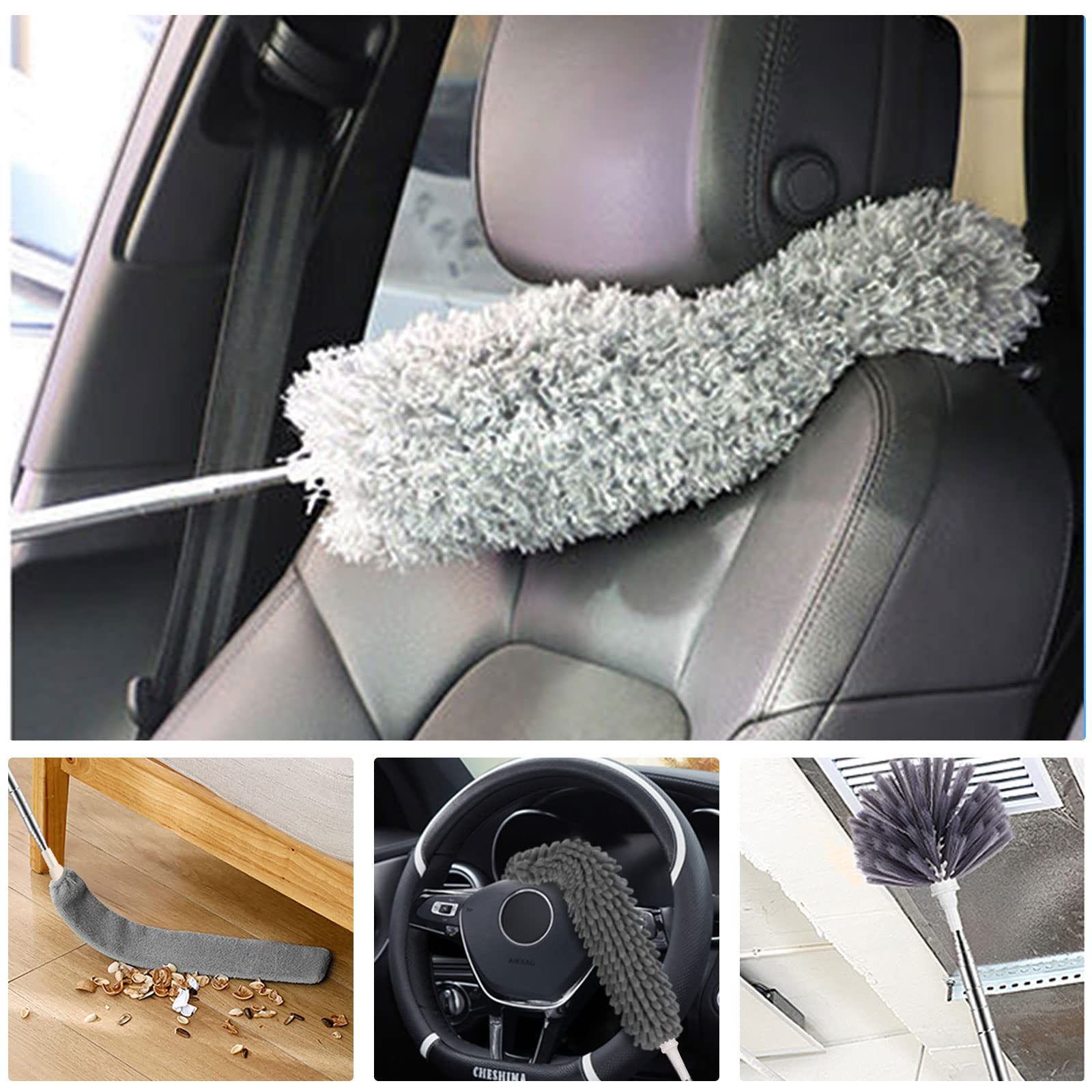Tiumso Microfiber Feather Duster 5-in-1 Kit, Dusters for Cleaning, Duster with Extension Pole 100 Inches, Cobweb Duster, Microfiber Dusters for High Ceilings and Fans, Blinds, Cars and Furniture