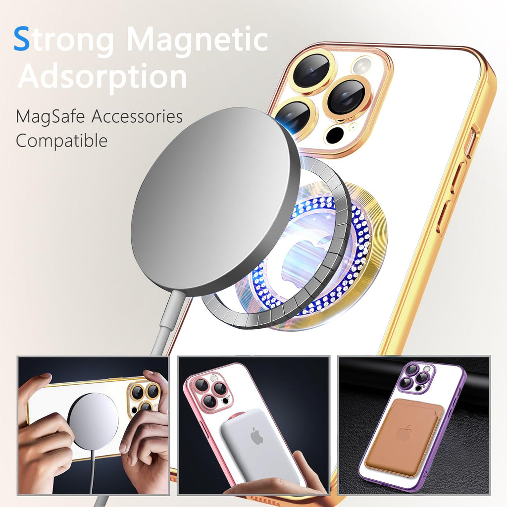 Misscase for iPhone 14 Pro Magnetic Glitter Case Compatible with MagSafe,Full Protection Slim Shockproof Anti-Scratch Case with Camera Lens Protector Logo View Dust-Proof Net for Women Gold