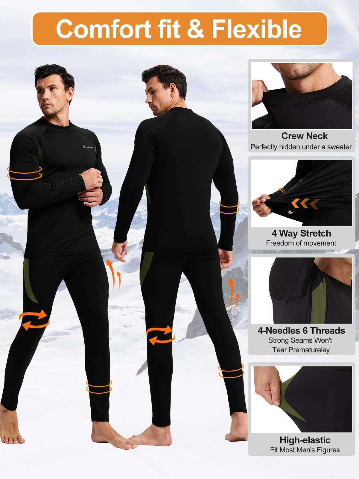 romision Thermal Underwear Long Johns for Men Fleece Lined Base Layer Cold Weather Hunting Gear Bottom and Top Set