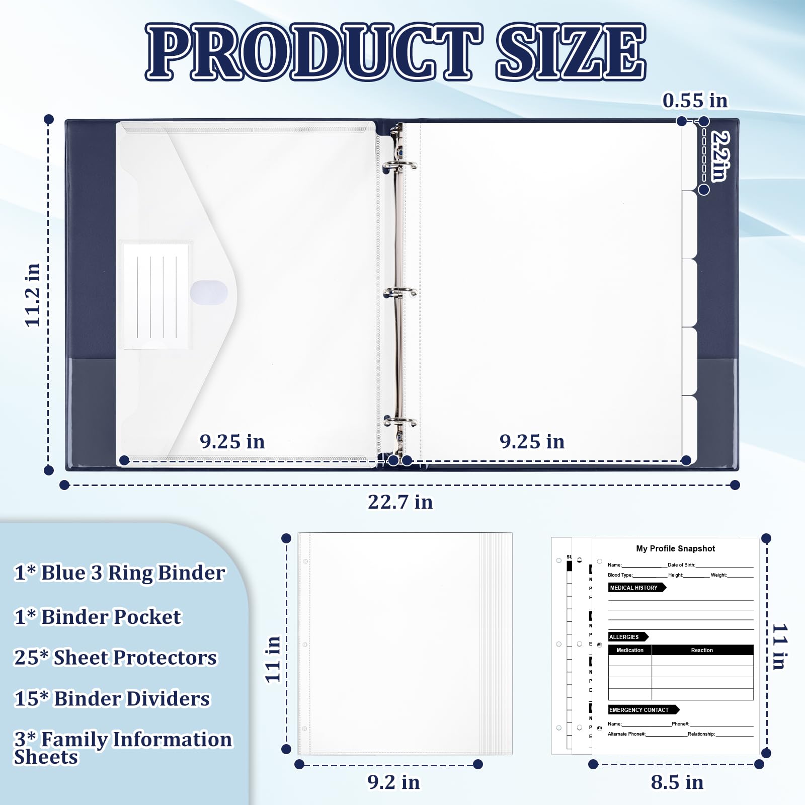 Home Organizer Binder 8.5"×11" Home Management 3 Ring Binder Household Health Planner Journal with 15 Dividers & 25 PCS Protectors & Binder Pocket & 3 Information Tables for Family Medical Documents