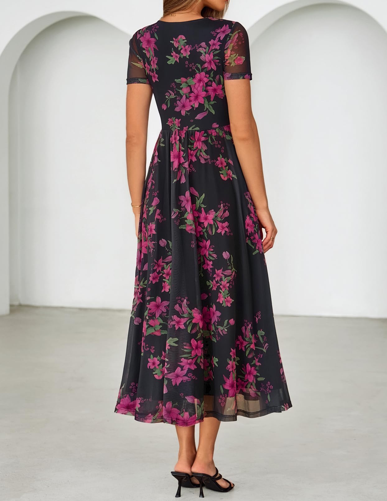 MEROKEETY Women' Summer Floral Maxi Dress 2026 Spring Mesh Short Sleeve Flowy Wedding Guest Beach Long Dresses, Black, Large
