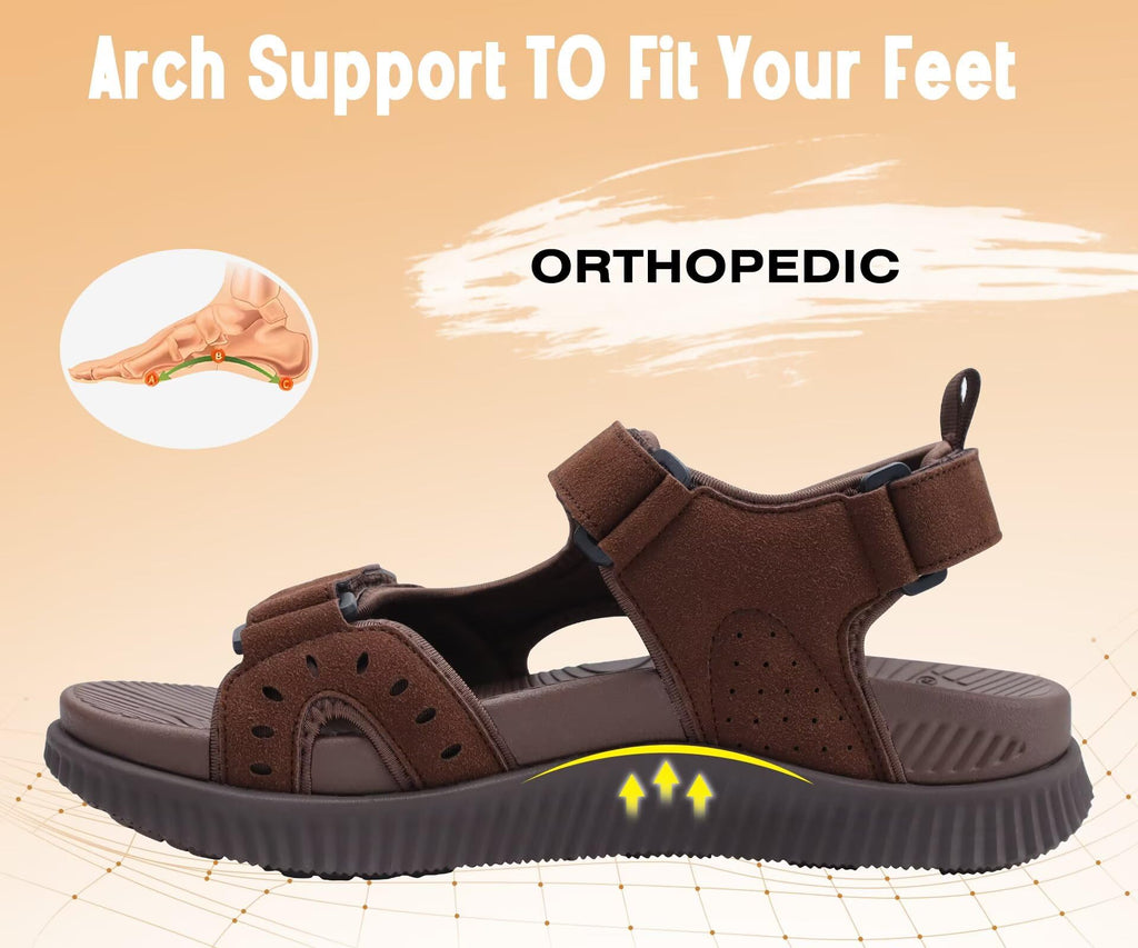 KuaiLu Mens Leather Hiking Sandals With Arch Support Orthopedic Sport Recovery Athletic Walking Sandals For Man Outdoor Summer Casual Thick Cushion Beach Water Fisherman Sandal, size 9 Dark Brown