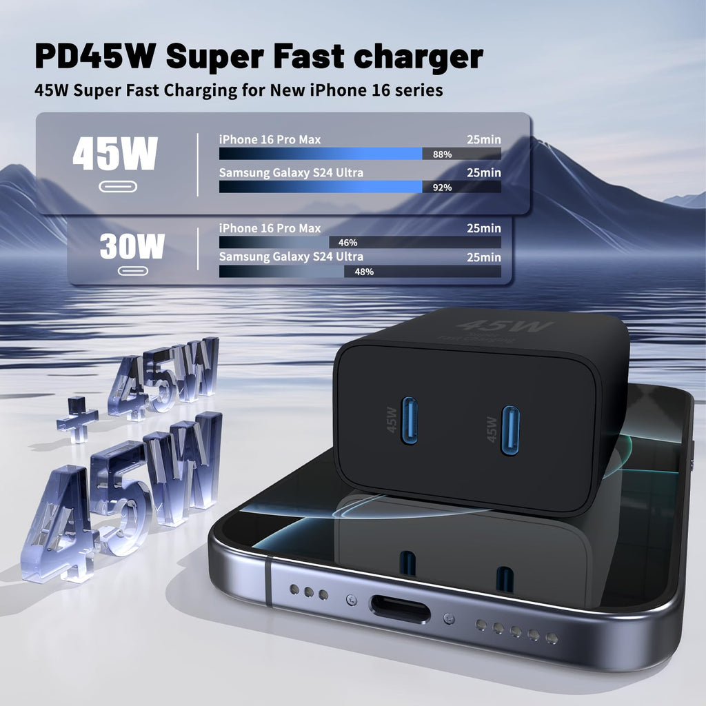 QZIIW Super Fast Samsung Charger Type C,45W Dual Port USB C Fast Charger Block [2-Pack] & Extra Long 60W 3/6/10/10FT USB C Cable - PD Quick Charging 3.0 For Samsung Galaxy S25 Ultra/S24+/S23 iPhone 16
