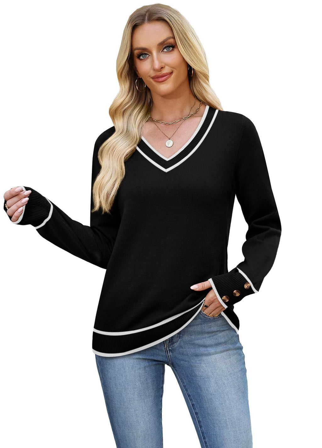 WIHOLL Sweaters for Women Cozy Fall Fashion 2026 Winter Clothing V Neck Pullover Cashmere Sweaters Ladies Tops Blouses Dressy Casual Spring Plus Size Clothes Color Block Black L
