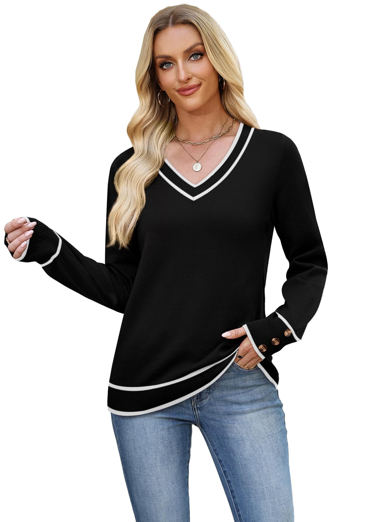 WIHOLL Sweaters for Women Cozy Fall Fashion 2026 Winter Clothing V Neck Pullover Cashmere Sweaters Ladies Tops Blouses Dressy Casual Spring Plus Size Clothes Color Block Black L