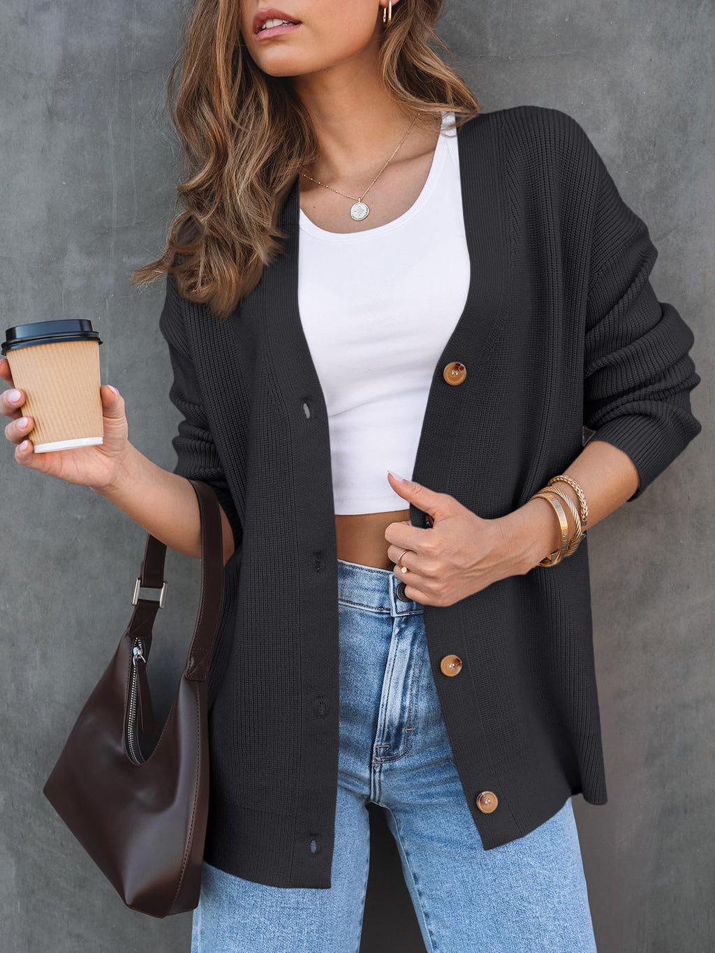 LILLUSORY Women Oversized Cardigan Sweater 2025 Fall Outfits Cloth Fashion V Neck Knit Button Front Casual Trendy Tops Black Small