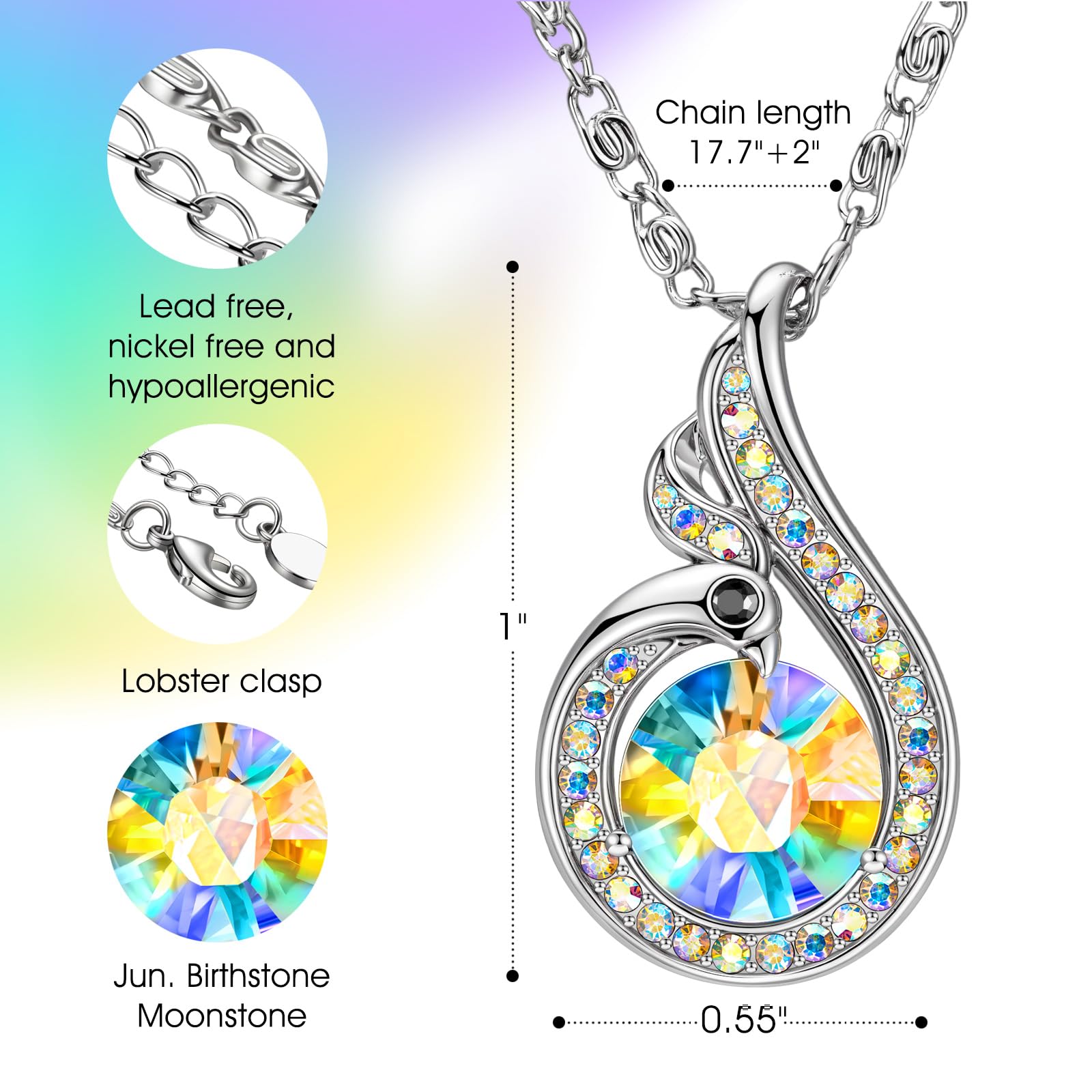 Kate Lynn Phoenix Birthstone Necklaces for Women Pendant Necklace Crystal Jewelry, Birthday Gifts for Women Wife Girlfriend Mothers Day Gift for Mom Daughter Unique Lady Christmas Jewelry Gift for Her, June Birthstone Moonstone Necklace