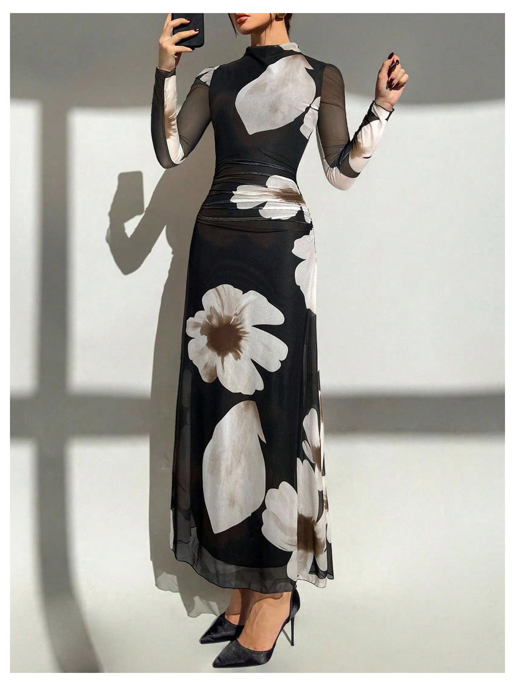 Verdusa Women's Floral Slimming Wedding Guest Dress Long Sleeve Holiday Maxi Dresses Black Khaki Large