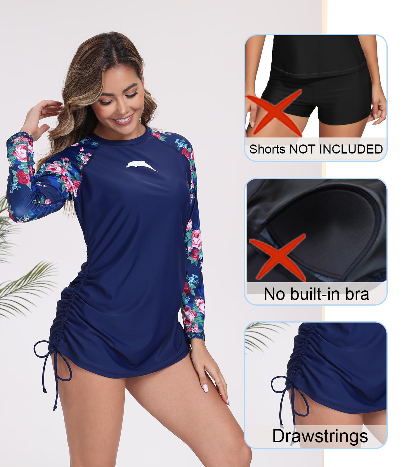Halcurt Women's Long Sleeve Rash Guard Swim Shirt with Tie Drawstring UPF 50+ Sun Protection Swimsuit Top Navy Red Rose M