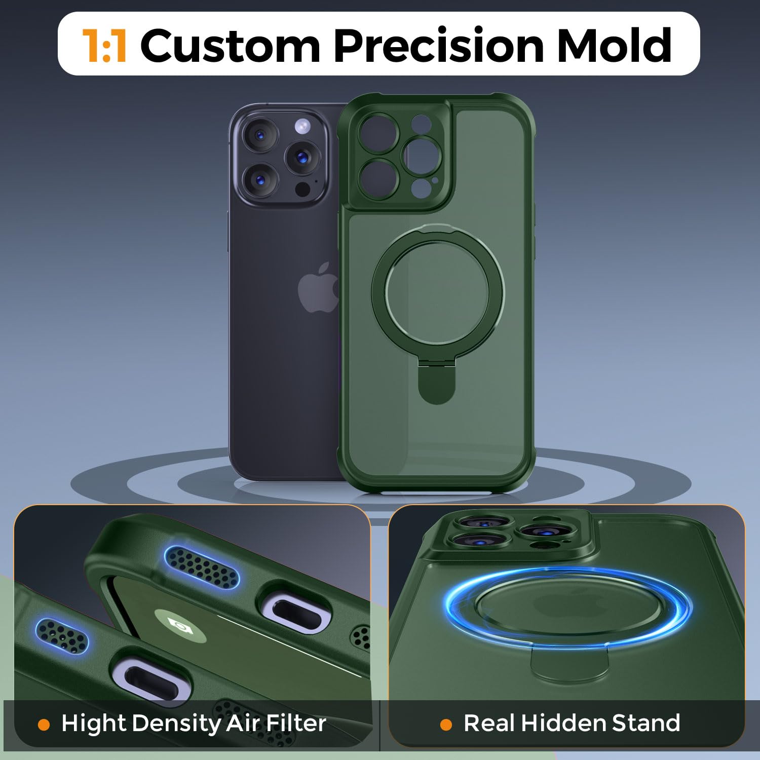 MOCCA Design for iPhone 14 Pro Case with Magnetic Invisible Stand [Full Camera Protection] [Compatible with Magsafe] Military Drop Shockproof Translucent Matte Phone Case Cover 6.1",Dark Green