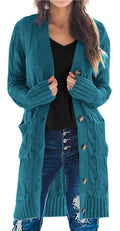 PRETTYGARDEN Long Sleeve Cable Knit Long Cardigan for Women 2026 Spring Winter Chunky Open Front Button Sweaters with Pockets(Cyan,Small)