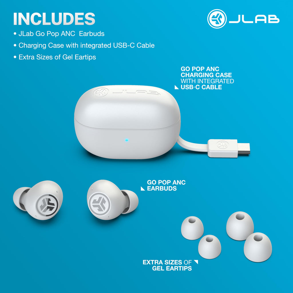 JLab Go Pop ANC True Wireless Earbuds & Charging Case, Cloud White, Active Noise Cancelling, 10mm Drivers, Dual Connect, Customize Your Sound with App, Be Aware Mode, Compact Fit, MEMS Microphone