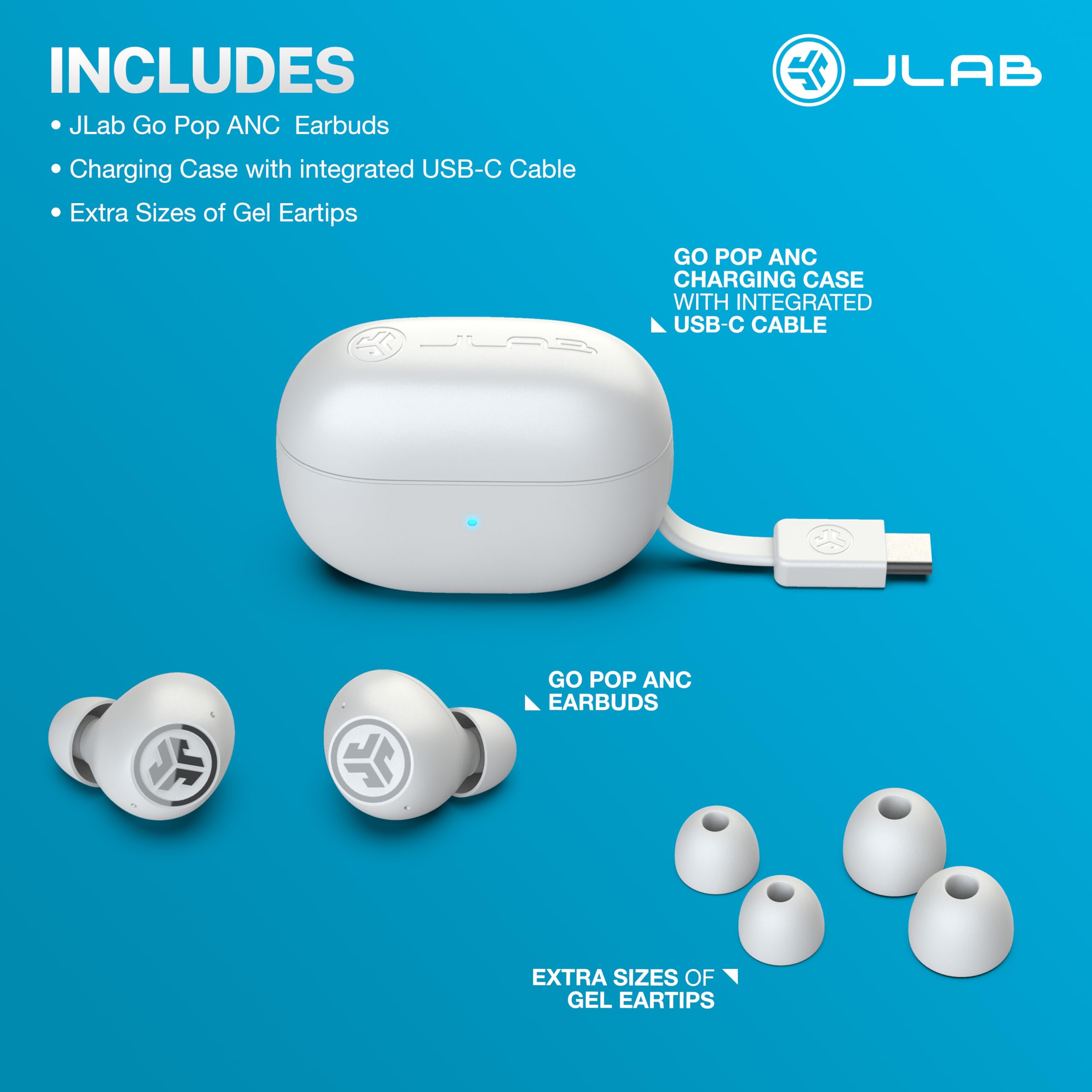 JLab Go Pop ANC True Wireless Earbuds & Charging Case, Cloud White, Active Noise Cancelling, 10mm Drivers, Dual Connect, Customize Your Sound with App, Be Aware Mode, Compact Fit, MEMS Microphone