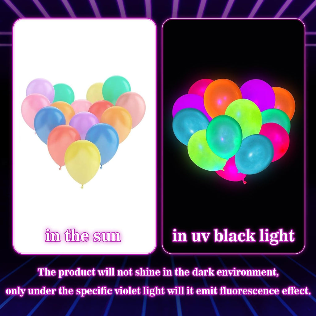 100 Pcs UV Neon Balloons, Neon Glow Party Balloons UV Black Light Balloons Glow in the Dark for Birthday Decorations Wedding Glow Party Supplies Blacklight Reactive Fluorescent