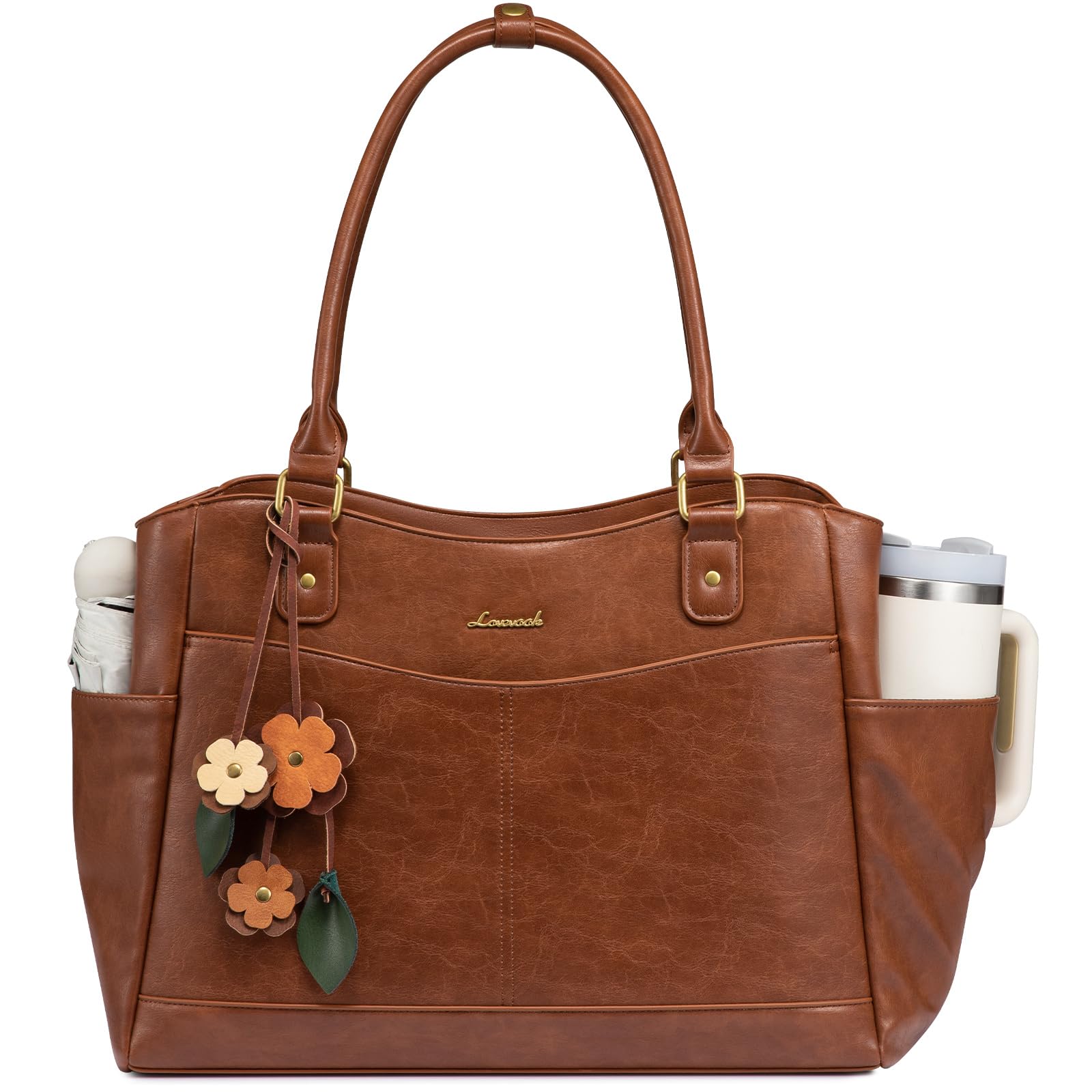 LOVEVOOK Laptop Bag for Women, 17.3inch Original Vintage Work Tote Bag Computer Office Teacher Bag with Large Cup Holder, Brown