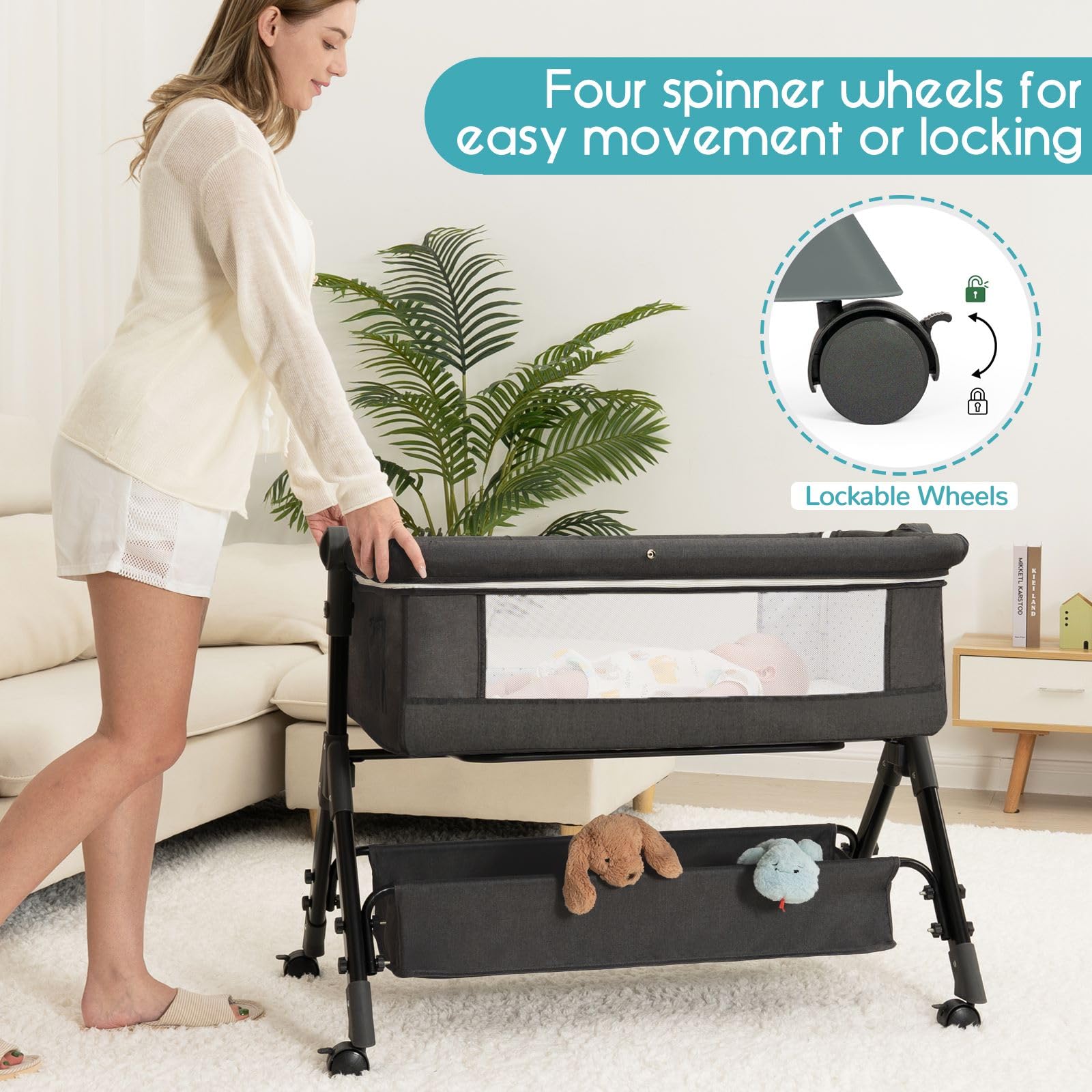 BCOL Baby Bassinet, Bedside Bassinet for Baby, 3 in 1 Bassinet Bedside Sleeper with Wheels, Mosquito Net, Adjustable Easy Folding Portable Bed for Infant Newborn (Dark Grey)