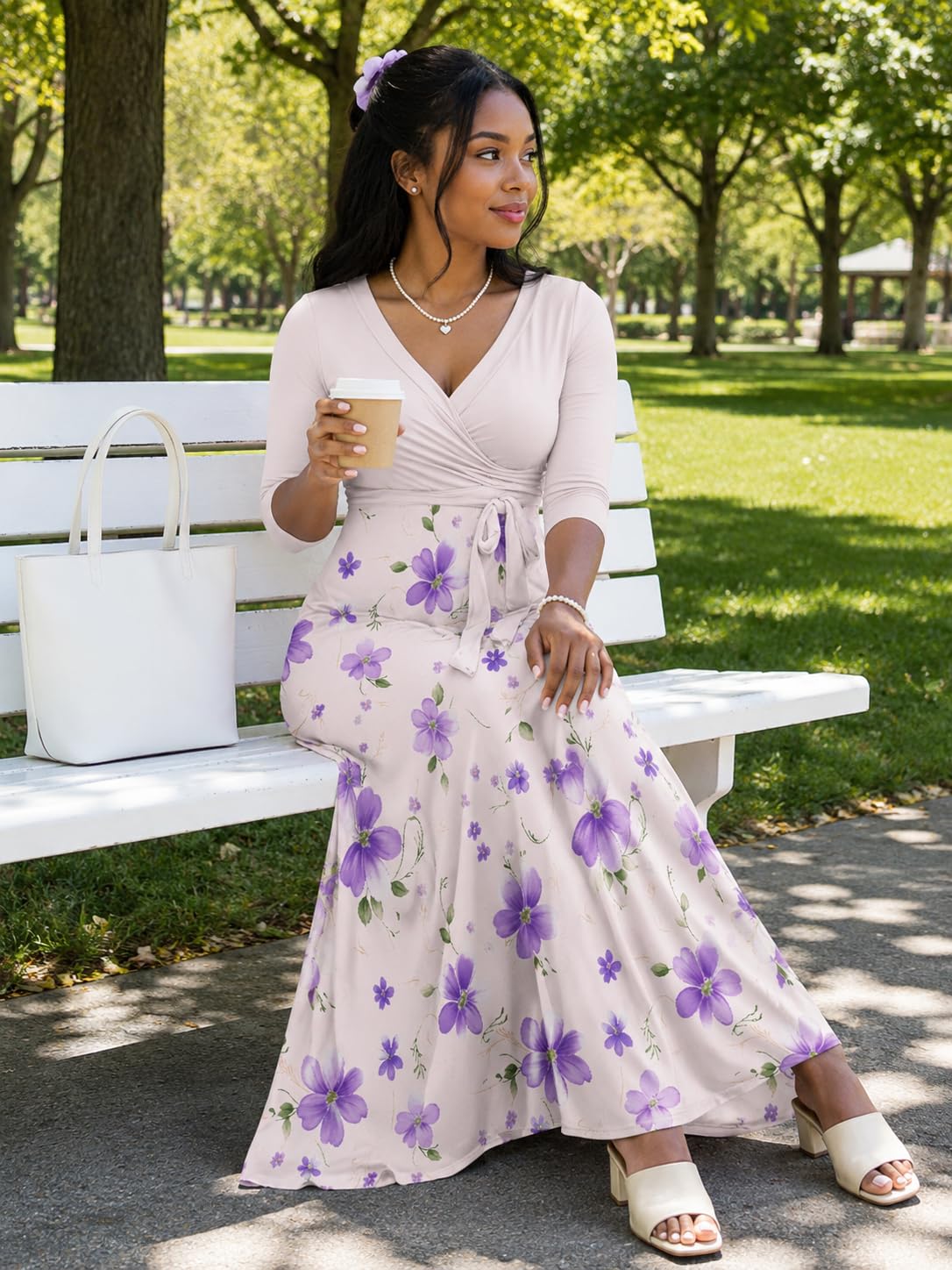 PinkPatty Plus Size Maxi Dress for Women Casual V Neck 3/4 Sleeve Boho Printed Long Dress with Pockets (Floral27 2XL)